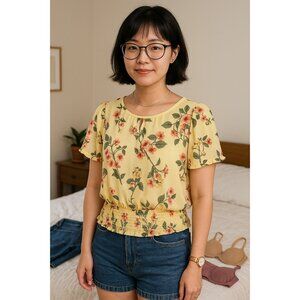Lily White Yellow Floral Smocked Hem Blouse Sheer Short Sleeve Top Women’s S